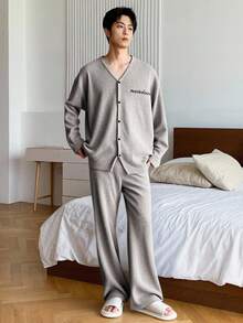 DAZY 男士純色紋理V領上衣與長褲套裝居家服，秋冬睡衣 - 灰色 - 查看 6