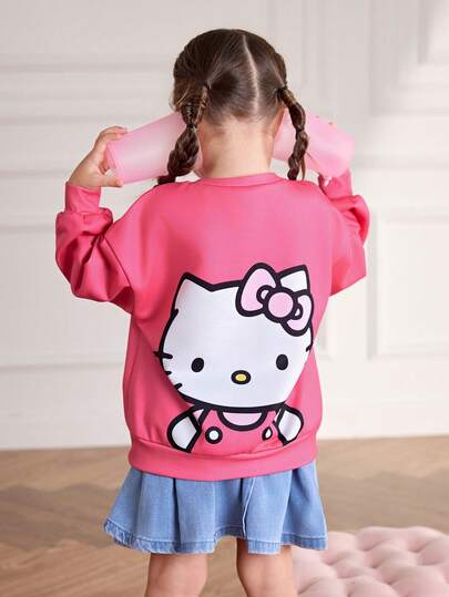 HELLO KITTY AND FRIENDS | SHEIN Young Girl Casual Cute Cartoon Cat Print Drop Shoulder Sweatshirt, Autumn