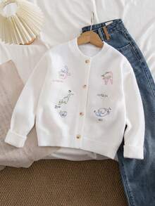 SHEIN 女童可爱猫咪刺绣纽扣开衫，秋冬季爱猫人士圣诞学院风开衫，可爱毛衣 - 白色 - 查看 1