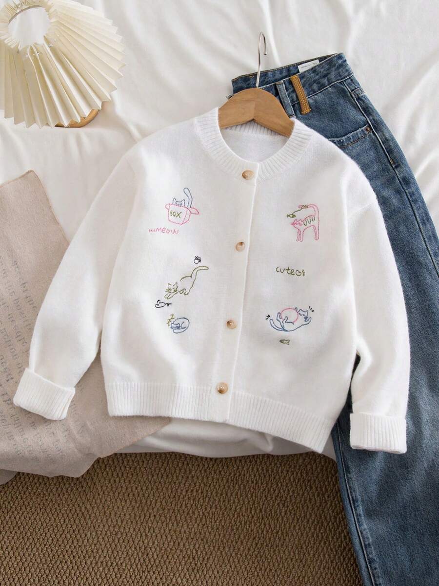 SHEIN 女童可爱猫咪刺绣纽扣开衫,秋冬季爱猫人士圣诞学院风开衫,可爱毛衣 - 白色 - 查看 1