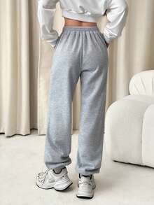 SHEIN PETITE 休闲宽松口袋纯色针织女裤 - 淺灰色 - 查看 2