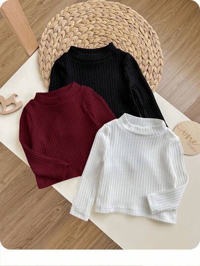 Set de 3 piezas Camiseta de punto de manga larga de unicolor para bebé niña, adecuada para interior, esquí al aire libre, uso diario, deportes, juego, fiesta, fotografía, temporada navideña, otoño/invierno