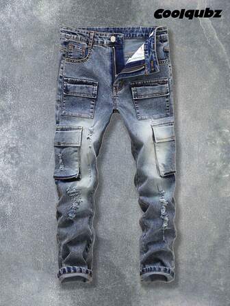 SHEIN Tween Boys Vintage Street-Style Ripped Distressed Multi-Pocket Elastic Fitted Denim Cargo Pants, School, Campus, College Summer Holiday