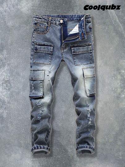 SHEIN Tween Boys Vintage Street-Style Ripped Distressed Multi-Pocket Elastic Fitted Denim Cargo Pants, School, Campus, College Summer Holiday