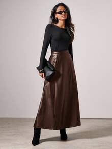 COSMINA 女士优雅长款PU裙，秋冬时尚 - 棕色 - 查看 3