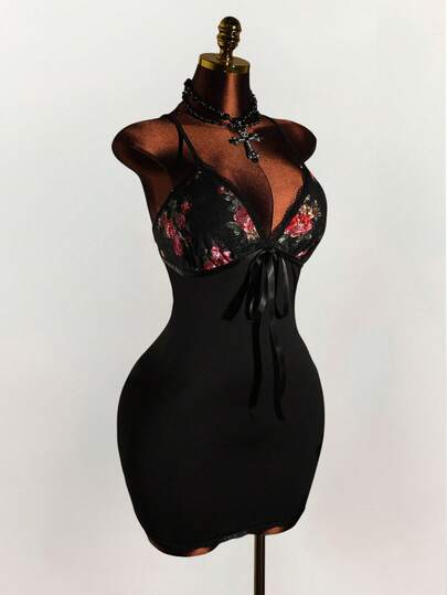 Amplova 大码女式花卉印花前系带性感吊带背心连衣裙