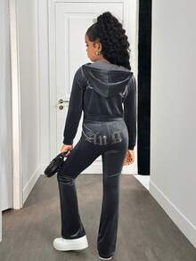 SHEIN 青少年女孩天鹅绒水钻拉链连帽衫上衣和修身喇叭裤休闲优雅两件套 - 灰色 - 查看 2