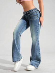 SHEIN ICON Jeans de pierna acampanada y delgada con bolsillo de color contrastante para mujer - Azul - Ver 4