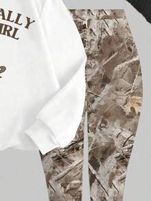 Slaydiva White Top+Camo Pant/Going Out Set For Women/Setup Autumn Winter Women/Fall Clothes For Women/Winter Clothes For Women/Y2k Clothes/Streetwear/Two Pieces Set Women/Back To School/Casual Street/Fit For Hip Hop/"I'm Literally Just A Girl"Letter&Bow,Leopard Graphic