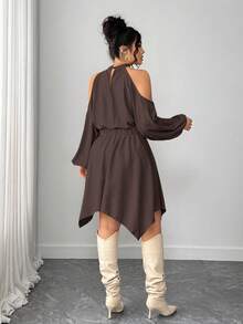 Elenzga 大码女装纯色新款褶皱吊带长袖圆领弹力腰不对称下摆灯笼袖蝴蝶结约会之夜精致时尚优雅休闲吊带宽松简约街头风浪漫优雅秋季连衣裙 - 棕色 - 查看 2
