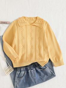 Back-To-School School Girl Autumn Sweet Ruffled Collar Knit Pullover Sweater,Jacquard Pattern Slim Fit Unique Long Sleeve Pullover Top For Girls - Yellow - View 1