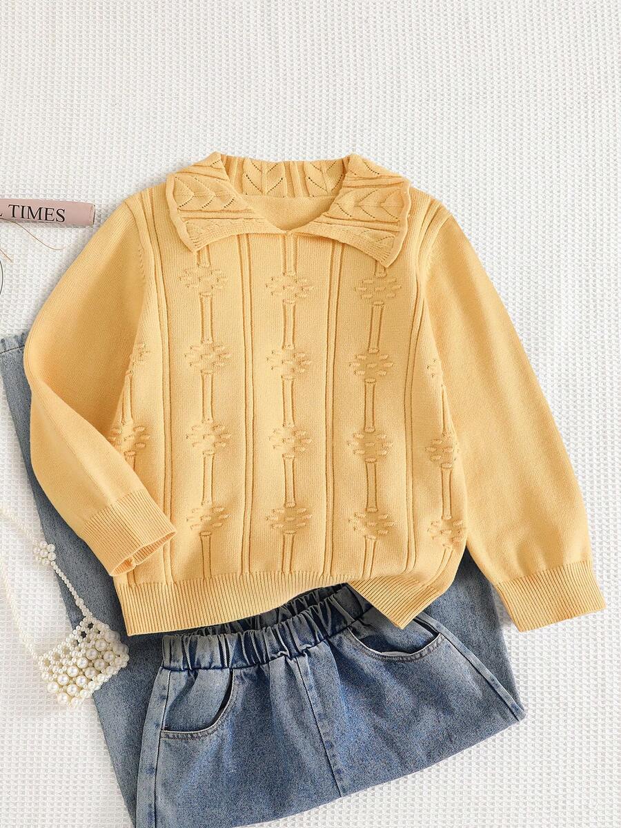 Back-To-School School Girl Autumn Sweet Ruffled Collar Knit Pullover Sweater,Jacquard Pattern Slim Fit Unique Long Sleeve Pullover Top For Girls - Yellow - View 1