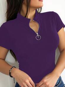 夏季大码休闲纯色短袖T恤 - 紫色 - 查看 1