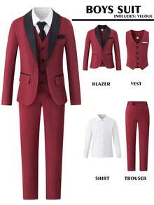 SHEIN 4 件套青少年男孩高端优雅时尚正式西装套装，适合宴会、婚礼、舞台表演、主持人、四季绅士装。包含：西装外套 + 修身背心 + 纯白长袖衬衫 + 休闲裤 - 酒紅色 - 查看 8