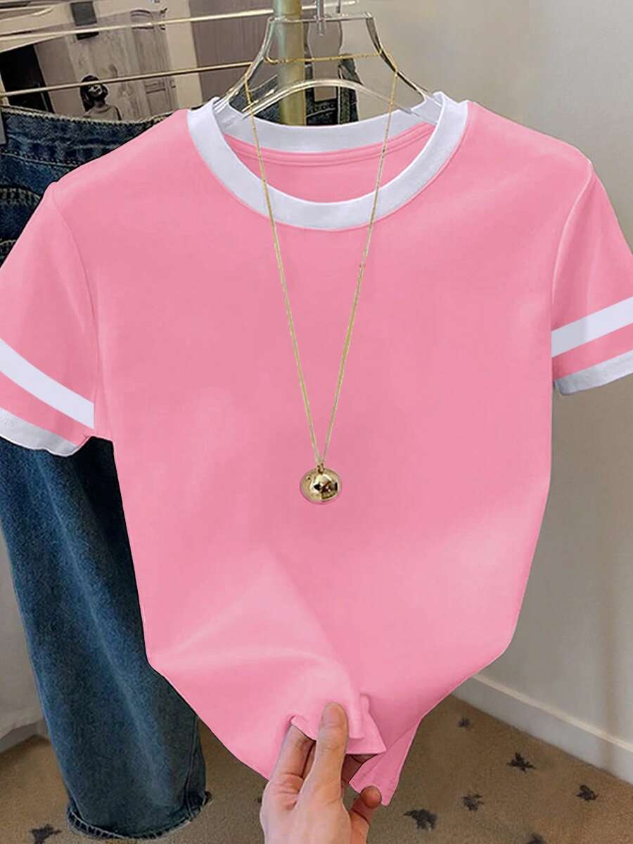 Women's Casual Daily Colorblock Round Neck Short Sleeve T-Shirt, Summer - Pink - View 1