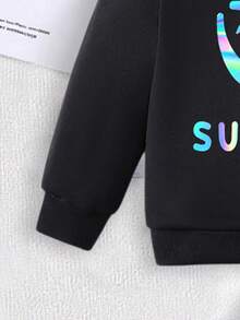 SHEIN 2件套男婴/男女通用婴儿6个月-3岁可爱图案黑色长袖圆领卫衣和裤子套装，适合秋冬季节，婴儿运动服套装，黑色运动套装，男婴冬季服装，男婴街头服饰，6个月-3岁 - 黑色 - 查看 3