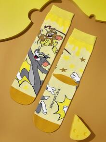 TOM & JERRY X SHEIN 2双柔软透气吸湿休闲中筒袜，猫咪图案，时尚可爱，黄灰色船袜，加固趾部和后跟，经久耐穿，男女通用，四季皆宜，夏季冬季百搭，图案袜子 - 彩色 - 查看 10