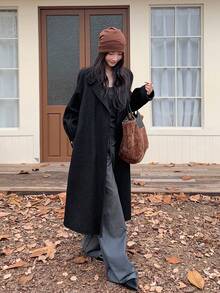 DAZY 女士休闲宽松长袖翻领长款羊毛混纺大衣，适合都市生活方式，秋冬 - 黑色 - 查看 4