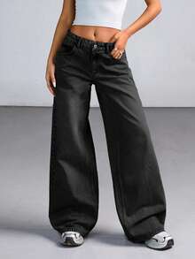 CasuGlow Jeans de pierna ancha con lavado pesado y talle bajo para mujer - Gris Oscuro - Ver 4