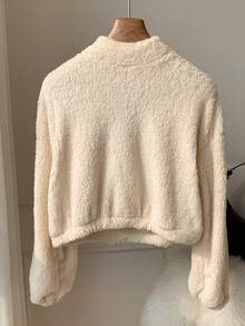 Comfortcana Summer Outfits Women's Half Zipper White Fleece Sweatshirt With Letter Patch Design,Long Sleeve Tops In Fall/Winter - Beige - View 2