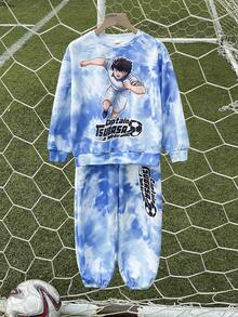 Captain Tsubasa X SHEIN Bộ áo nỉ cổ tròn trễ vai màu xanh và trắng in họa tiết bóng đá cho bé trai tuổi teen cỡ lớn - Màu xanh lam - Xem 10