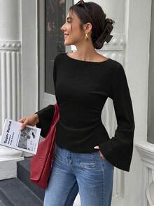 Elenzga 标准尺码女式宽松花卉印花针织上衣，宽领口，落肩，喇叭袖，秋冬 - 黑色 - 查看 4