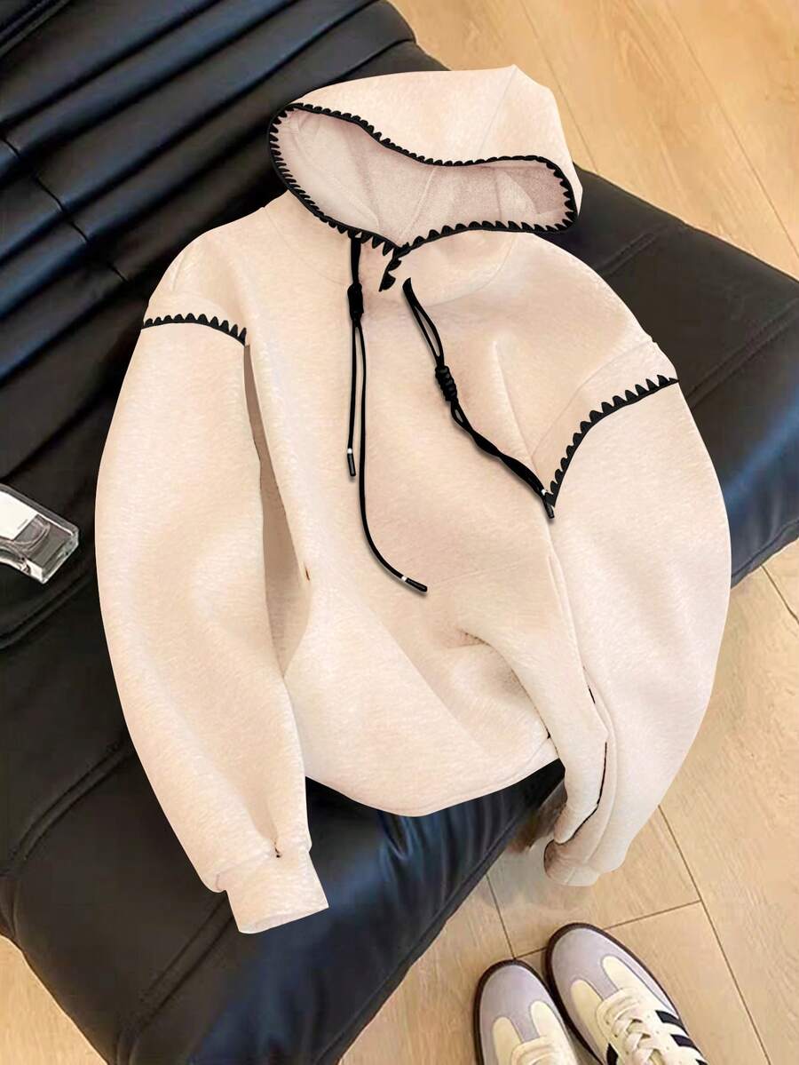 GlowEve 女式休闲撞色饰边连帽长袖运动衫 - 杏色 - 查看 1