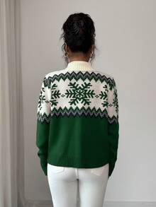 SHEIN Elenzya Sweater Wanita Elegan dengan Resleting Motif Fair Isle dan Blok Warna, Desain Natal, Musim Gugur/Dingin - Hijau - View 2