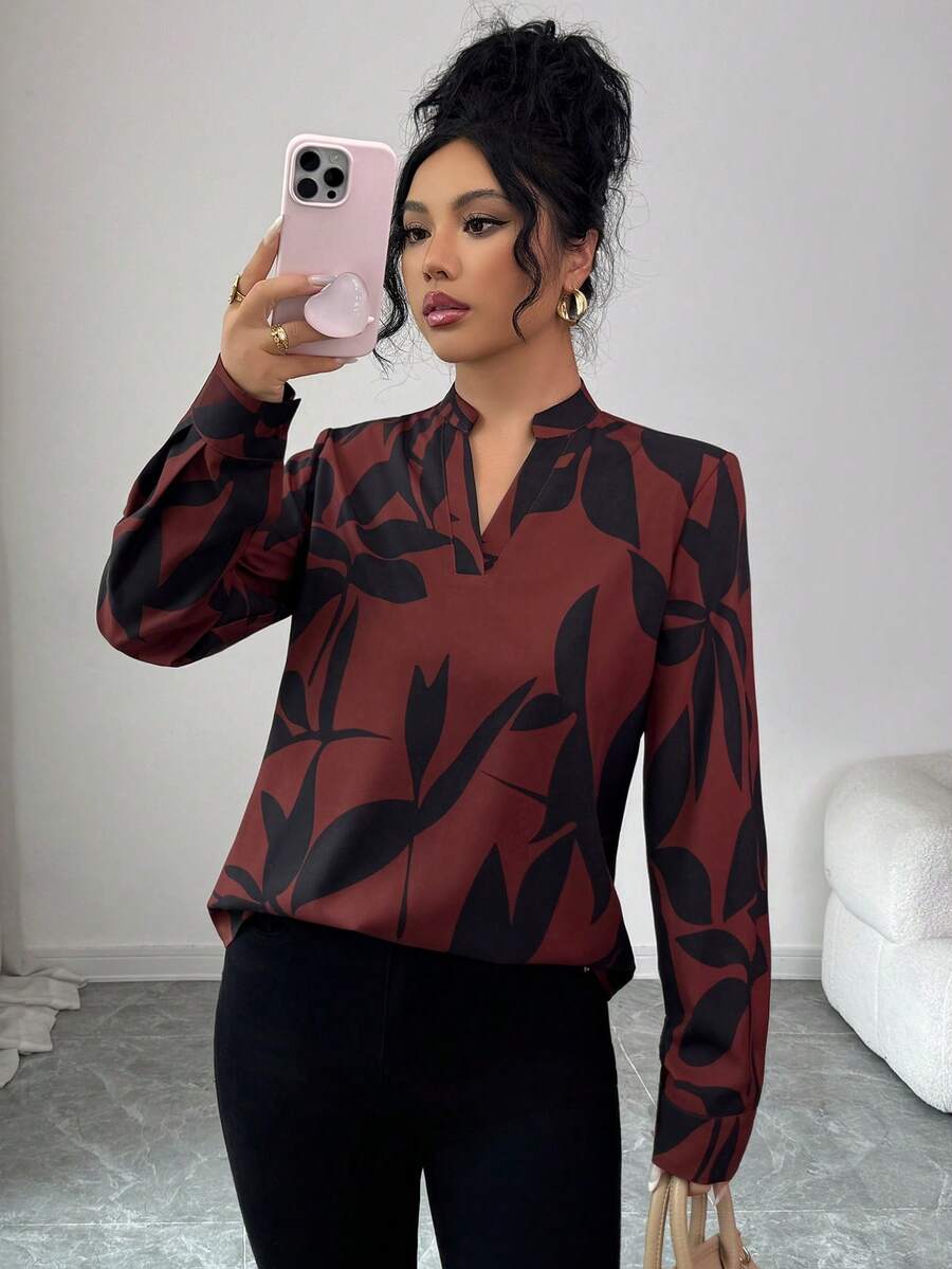 Elenzga 女式随机印花简约休闲长袖衬衫 - 摩卡棕 - 查看 1