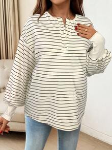 SHEIN Áo thun dài tay dáng suông kẻ sọc, cài cúc nửa thân dành cho bà bầu - Màu be - Xem 4