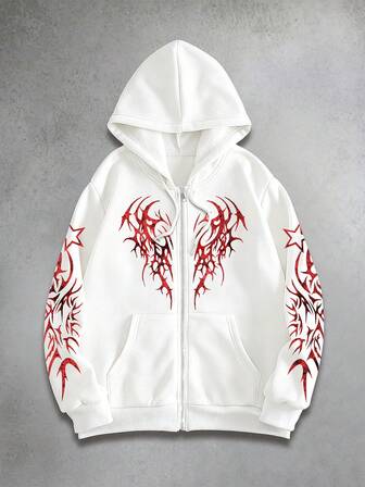 Herren Kapuzen-Zugbandshoodie mit Reißverschluss, Gothic-Stil, Langarm, für den Winter