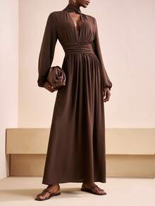 Zivah 2025 秋冬 新年, 情人节, 派对, 宴会, 约会, 生日派对, 学院风, 学生风, 日常穿着, 基础百搭, 休闲, 邮轮旅行, 热门热卖, 优雅, 通勤, 商务休闲, 极简主义, 立领长袖收腰, 棕色面料, A 字长裙, 秋冬连衣裙, 派对连衣裙, 女士连衣裙 - 棕色 - 查看 1