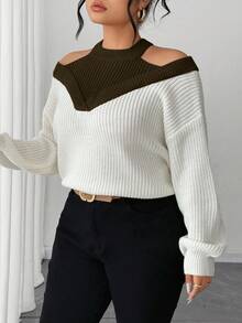 SHEIN Elenzya 女士二合一露肩撞色毛衣 - 咖啡棕 - 查看 5
