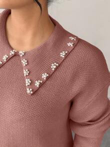 SHEIN Elenzya 女士珍珠领纯色简约套头毛衣 - 粉色 - 查看 7