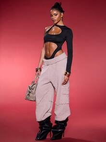 Normani Women's Spring/Summer Solid Color Round Neck Long Sleeve One Shoulder Hollow Out Sexy Slim Bodysuit - Black - View 4