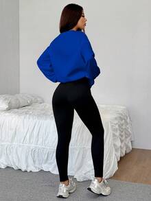 SHEIN EZwear 2件套小马印花宽松圆领运动衫和紧身打底裤 - 寶藍色 - 查看 2
