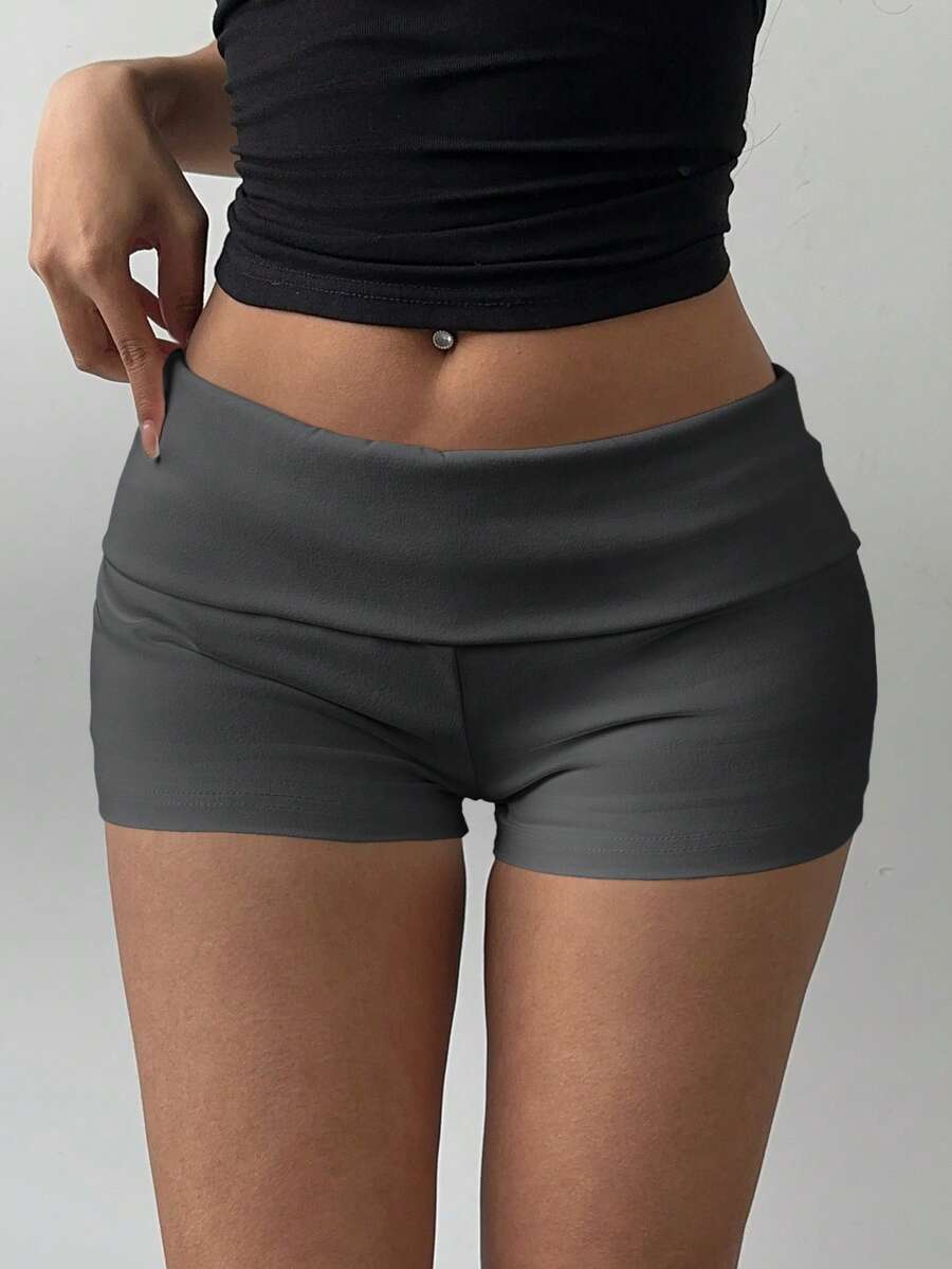 SHEIN BASICS 女式纯色针织低腰修身运动短裤 - 深灰色 - 查看 1