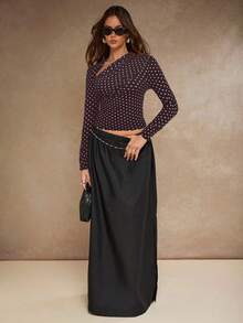 COSMINA Women's Polka Dot Print Asymmetric Collar Long Sleeve Fitted Fashionable T-Shirt, Fashion Top,Coffee&Blue Polka Dot - Coffee Brown - View 4