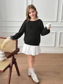 SHEIN Serisse Kids 青少年女孩純黑色長袖針織衫，露肩領口，秋冬休閒假期返校上衣 - 黑色 - 查看 7