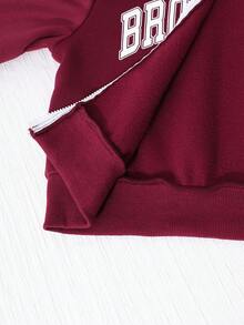 SHEIN Explorewe Tween女孩休閒Addicted拉鍊連帽外套、圖案印花T恤與喇叭喇叭刷毛長褲3件套，適合秋冬戶外、散步、購物、通勤，可搭配棉襖外套 - 酒紅色 - 查看 8