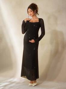 Cheriluna Maternity Vestido de maternidad elegante con cuello cuadrado largo, unicolor y con strass para sesión de fotos - Negro - Ver 3