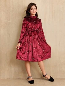 SHEIN Tween Girls Bow Decor Long Sleeve Dress, Suitable For Spring And Autumn - Red - View 3