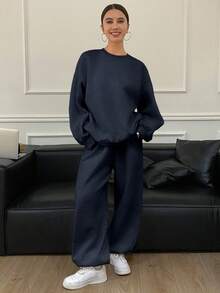 DAZY 女士纯色宽松圆领长袖卫衣和运动裤两件套，保暖内衬家居服套装