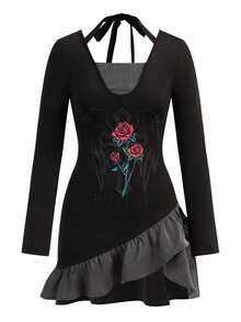 Shutterstock Y2Kool Women's Winter Black And Gray Halter Neck Rose Angel Wings Print Knit-Woven Patchwork Slim-Fit Hot Girl Y2K Mini Dress Long Sleeve Top Gothic Tops Goth Women Clothes Rose Top Emo Top Stylish Clothing Collection New Year Outfits Goth Dress Emo Dress Punk Dress Elegant Goth Women Clothing Anime Women Clothing Goth Tops Gyaru Graphic Dress - Black - View 4