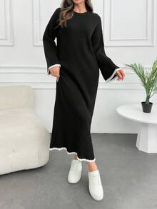 EURMUSE Plus Size Women Knitwear Stitch Detail Oversize Fit Dress - Black - View 7
