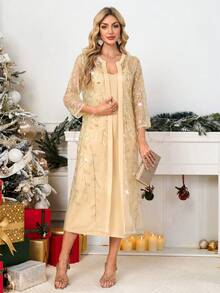 Gownix Gold Lace Jacket And Dress Elegant Ladies Suit, Suitable For Parties, Business Gatherings, Christmas - Gold - View 5
