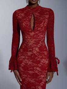 Elitara 优雅酒红色蕾丝手工蝴蝶结装饰立领性感露背喇叭袖鱼尾拖尾连衣裙。适合派对、音乐节、正式场合、节日、假期、婚礼、晚宴、情人节等场合。 - 酒紅色 - 查看 7