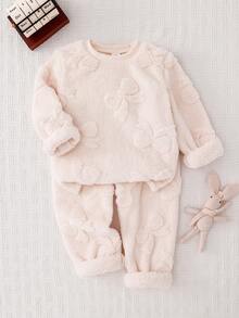 2件套少女可爱简约舒适针织圆领蓬松粉色长袖上衣和裤子睡衣套装带蝴蝶结图案 - 杏色 - 查看 8