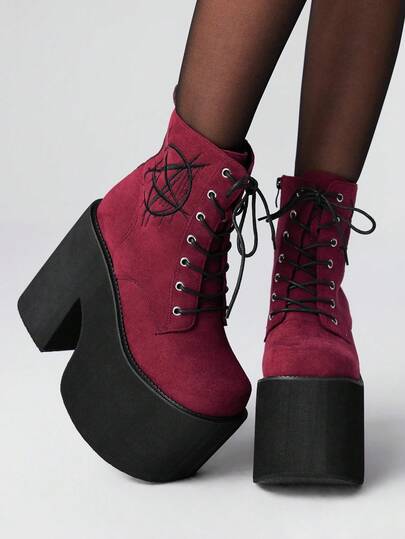 Goth 5.7in Thick Sole Waterproof Platform Short Boots, Autumn/Winter Side Zipper Closure Round Toe, Punk Style Star Embroidered Suede Ankle Boots In Black And Burgundy, European Fashion Stage Performance Wedge Shoes For Women