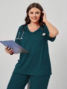 TaskEZ Plus Size Solid Color Short Sleeve Double Pocket Scrub Uniform Top - Teal Blue - View 7